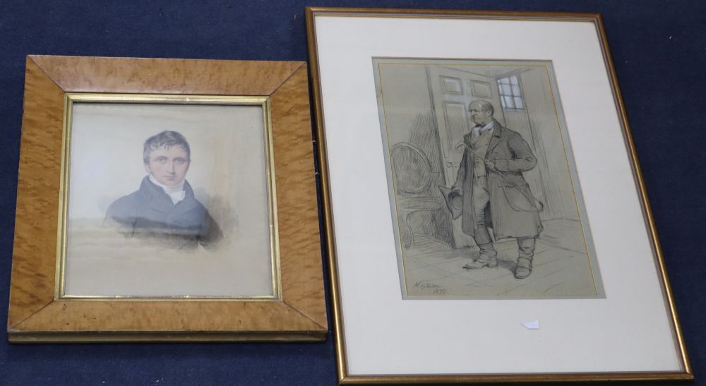 H.G. Moone, pencil and chalk, A stagecoach driver 1879, signed, 37 x 23cm and a maple framed watercolour of a young man, 29 x 24cm